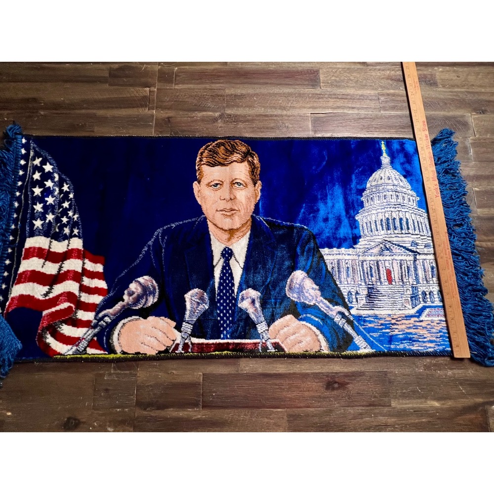 Vintage JFK John F Kennedy Woven Tapestry Rug American Flag Capitol Building